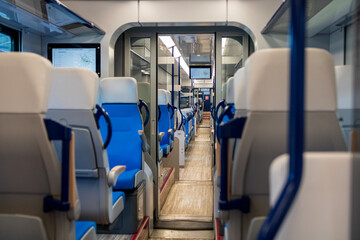 Interior of Alstom train on the platform of Bucharest North Railway Station