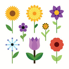 Delightful collection of flat design colorful flowers in various shapes for springtime decorations