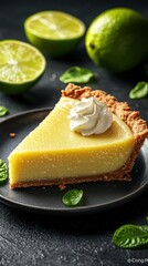 Slice of key lime pie with cream, limes and spinach
