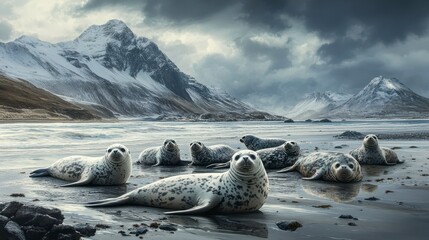 Harbor seals rest on a beach near snow-capped mountains under a dramatic sky.