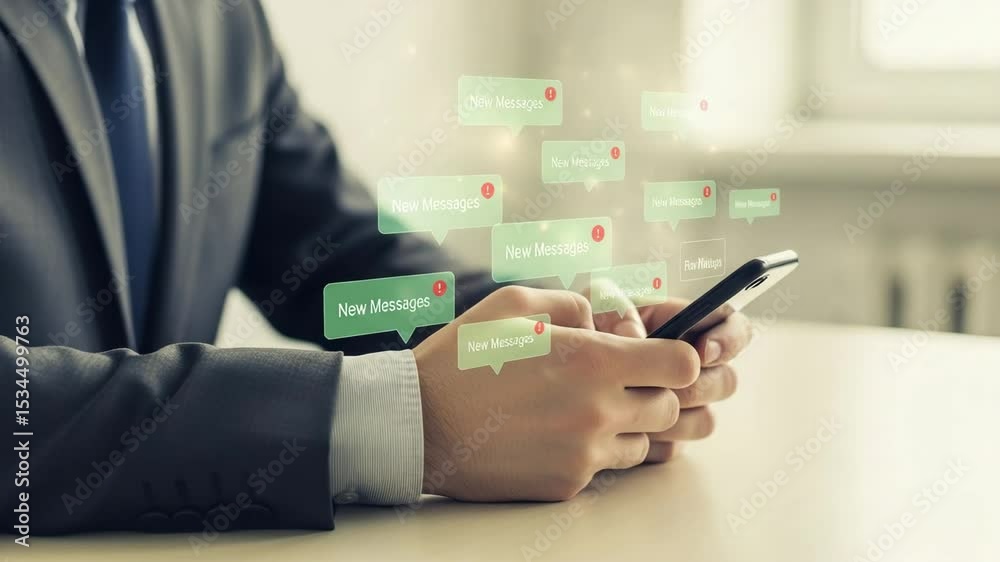 Aufkleber Man in suit holding smartphone with new message notifications popping up all around him indoors