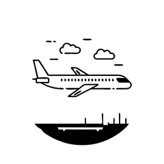 Airplane flying in the sky with clouds over a city silhouette silhouette icon