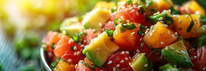 Vibrant fruit salad featuring colorful diced fruits mixed with herbs and a sprinkle of sesame seeds.