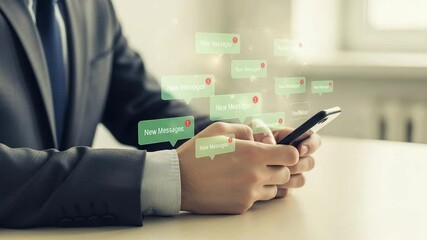 Man in suit holding smartphone with new message notifications popping up all around him indoors