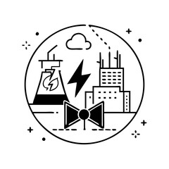 Monochrome Icon Featuring Industry, Energy, and Architecture within a Circular Frame silhouette icon