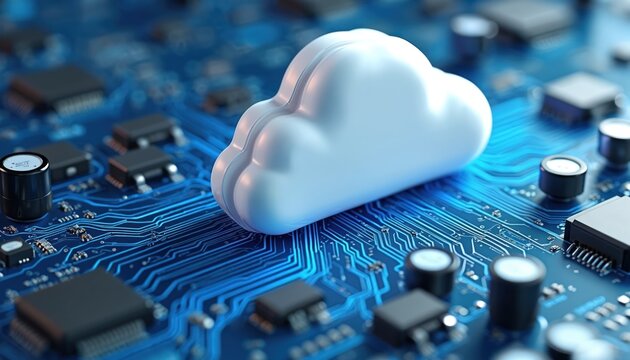 Cloud computing concept. White cloud on blue circuit board. Tech data storage, server network, security. Digital, virtual, online access. Cloud computing technology solutions. Business innovation.