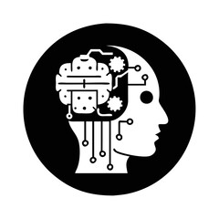 Artificial Intelligence concept shown with head silhouette and machine learning components silhouette icon