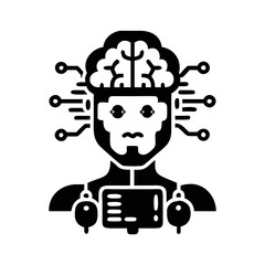 Artificial intelligence brain connected to a human cyborg like body concept silhouette icon