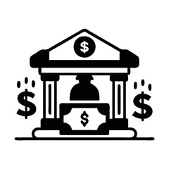 Icon depicting a bank with dollar signs around representing finance concept silhouette icon
