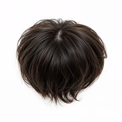 Brunette dark hair top view over white background, mockup template, no shadow