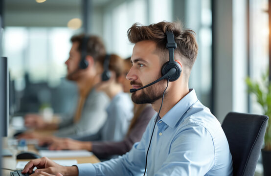 Man with headset works at computer in office, providing customer service or online support. People, customer service representatives at work in call center. Tech support, communication job.