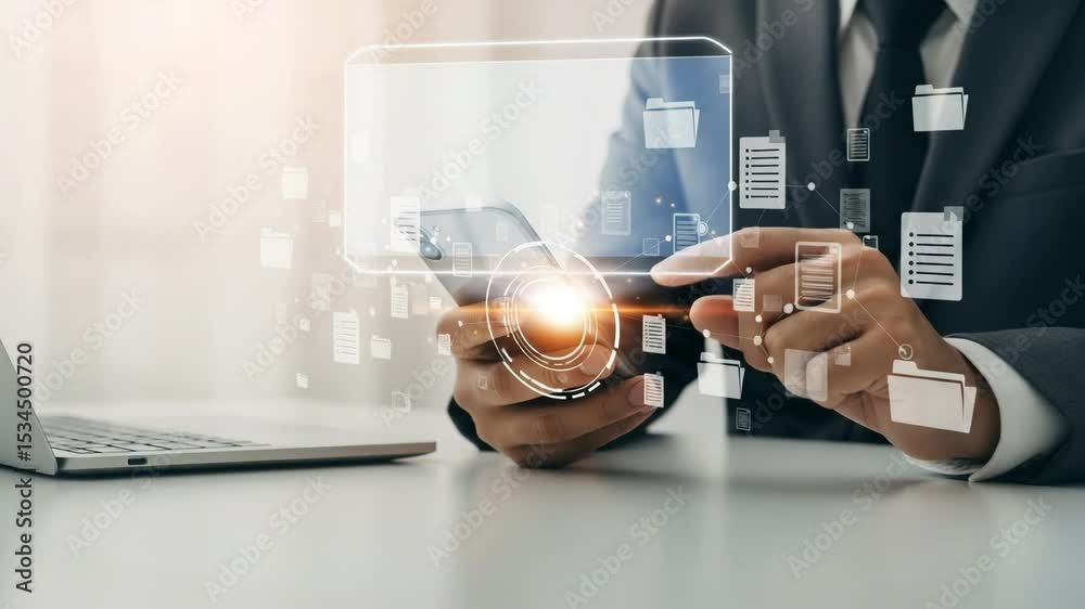 Poster person in suit using smartphone with document icons and laptop on a white desk in bright light