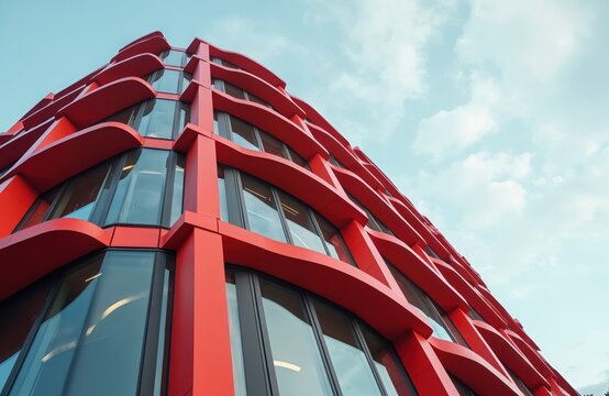 Modern architecture building in Zaragoza. Bold red facade, eye-catching design, futuristic look. Glass windows reflect blue sky. Geometric shapes, curves and lines create unique pattern.