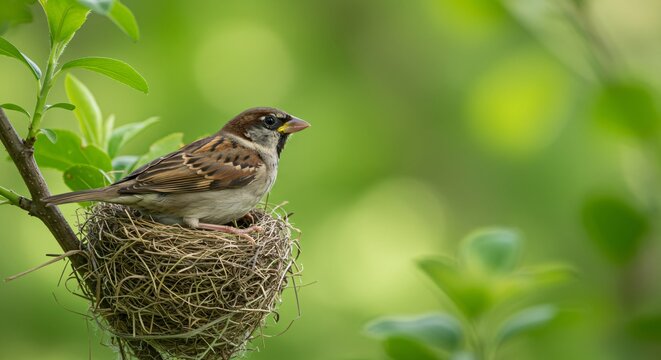 A brown sparrow bird sits inside a woven straw nest with a green blurred background, representing nature life and animal welfare.