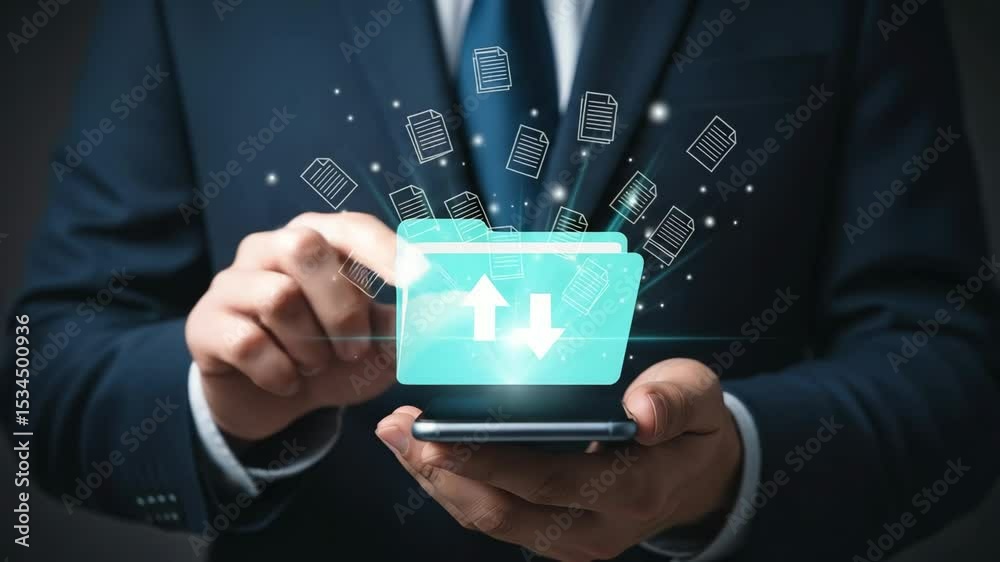 Poster person holding smartphone with digital folder and file transfer icons overlayed on the screen