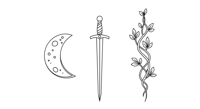 Moon, sword, and vine illustrations in minimal line art style  