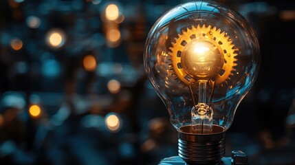 A close up of a lightbulb with a gear inside against a blurred background of bokeh lights