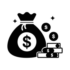 A money bag and coins represent wealth, savings, and financial success silhouette icon