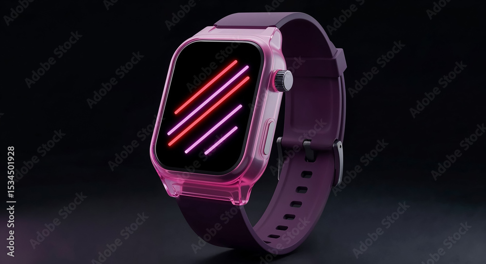 Poster modern smartwatch showing neon pink and red lines on dark background