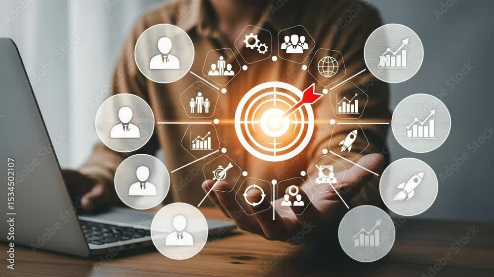 Poster person using laptop with target and business icons hovering over hand in digital illustration