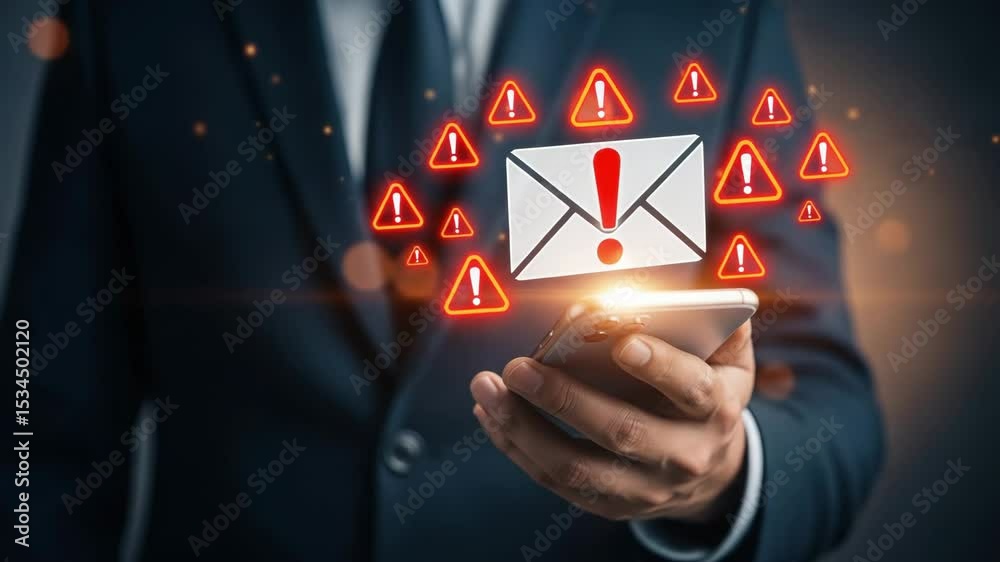 Poster man in suit holding phone with email icon and exclamation point surrounded by warning symbols