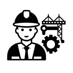 Construction worker icon with hardhat, crane, gear, and professional attire silhouette icon