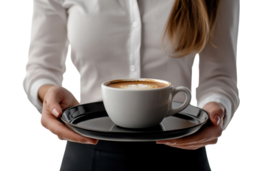 A barista gracefully presents a freshly brewed cappuccino artfully crafted with a delicate on transparent background
