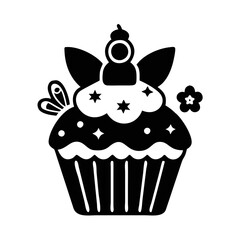 Stylized cupcake with decorative elements in a simple black and white vector silhouette icon