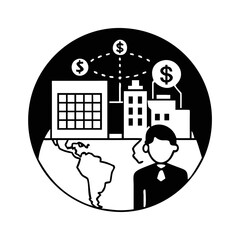 Global business transactions connecting cities and continents for investments and wealth silhouette icon