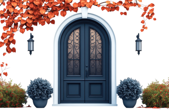 A captivating arched doorway stands as a portal to autumn framed by fiery leaves and glowing on transparent background