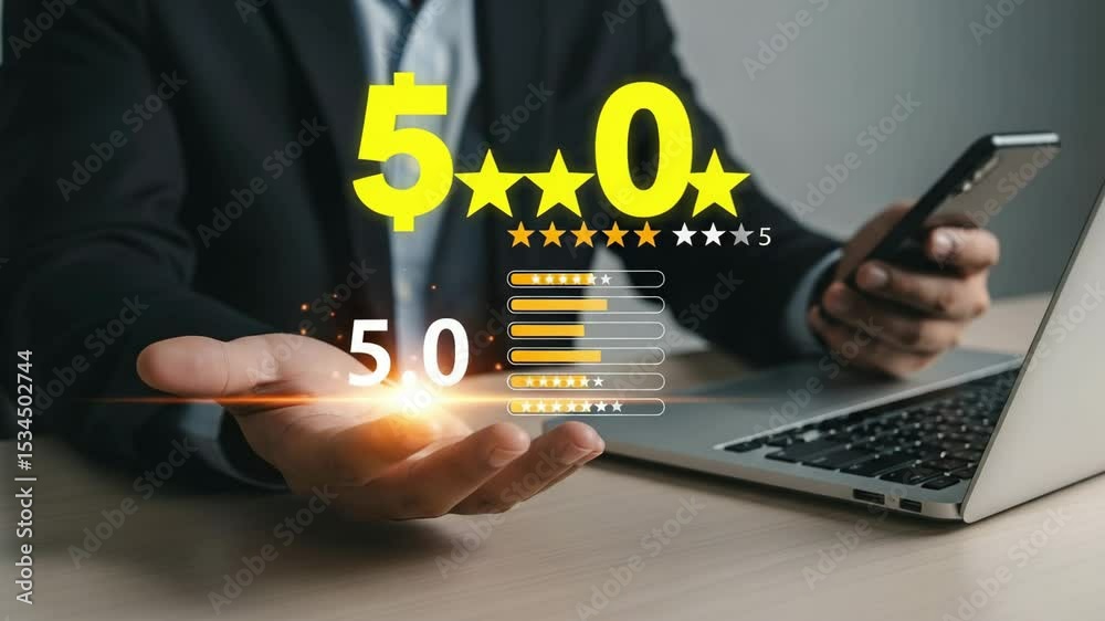 Poster Man in suit holding phone with laptop and rating bars with stars on screen with number fifty