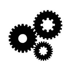 Black and white graphic of three interlocking gears isolated on white background silhouette icon