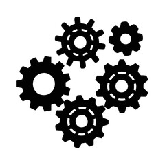 Black and white design featuring five gear icons in close proximity silhouette icon