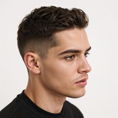 Male with modern haircut portrait side view over white background, no shadow