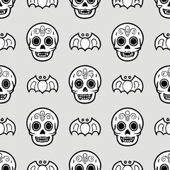 Seamless pattern of sugar skulls and bats perfect for halloween or day of the dead