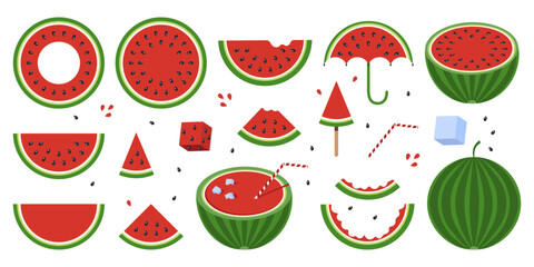 Set of Different Sliced Slices of Ripe, Juicy red Watermelon. Halves and Triangular Watermelon Pieces, Eaten Rinds, Frozen Juice on a Stick. Half and Green Whole Watermelon.