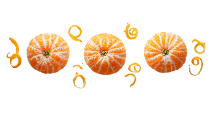 Close-up of three peeled tangerines and zest curls arranged beside them isolated on white background 