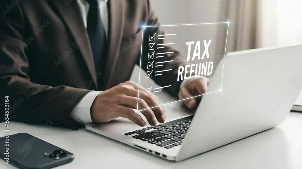 Aufkleber person using laptop with tax refund checklist overlay and phone on white desk in business setting