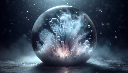 A resin paperweight with floating bubbles and frozen mist effect, Ai generated image