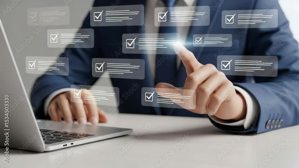 Poster A man in a suit interacting with checklist icons using a laptop on a white surface in a bright setting