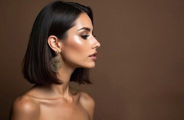 Obraz na płótnie Canvas Beautiful woman profile portrait. Perfect makeup, full lips, elegant gold earring, bob hairstyle. Fashion glamour portrait, studio background. Model face side view. Beauty, salon.