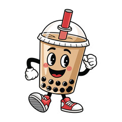A happy bubble tea cup character with arms and legs, wearing red sneakers and white gloves. The cup is filled with light brown milk tea and black tapioca pearls