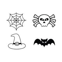 Simple and minimalist halloween illustrations featuring spiderweb skull bat and witch hat elements