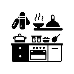 Stylized kitchen scene with bread, thermos, cooking pot, and oven on counter silhouette icon