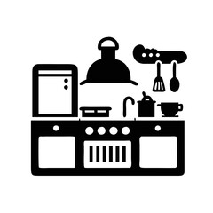 Stylized vector of a kitchen scene featuring an oven and accessories silhouette icon