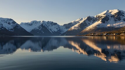 Majestic Mountain Reflections A Serene Fjord Landscape at Dawn