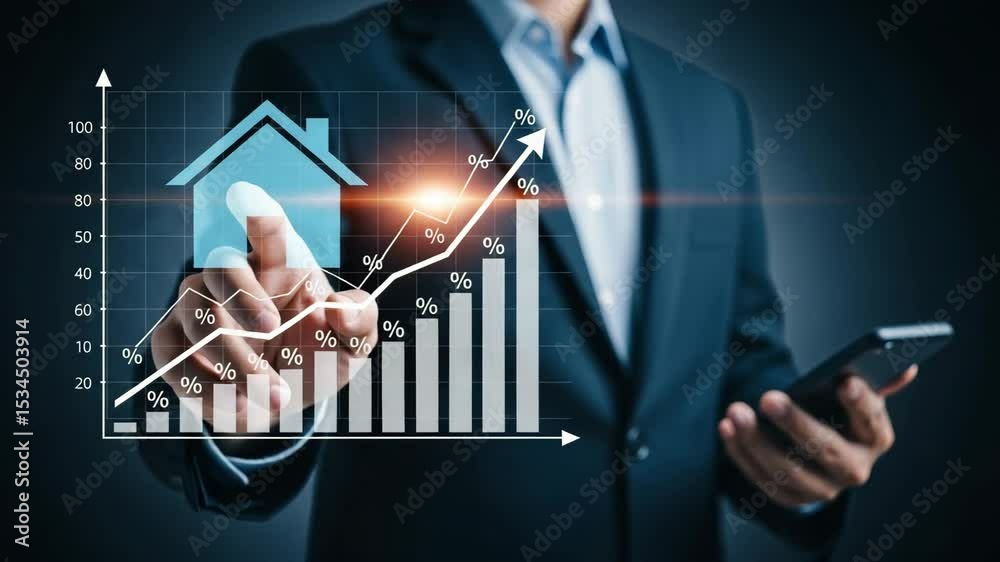 Poster Man in suit interacting with house icon and upward trending graph with percentages overlayed