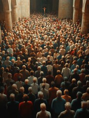 Obraz premium A large crowd of people are gathered together in a church