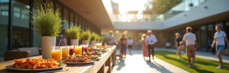 Outdoor corporate event with buffet table drinks snacks. Modern architectural setting, blurred people in background. Socializing networking, city life. Catering services, business meetings.