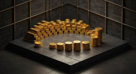 Golden Wealth 3D Render of Gold Bars and Coins Arranged in a Circular Pattern